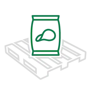 Icon of a gray wooden pallet with a green chip bag icon sitting on top of the pallet.