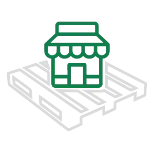 Icon of a gray wooden pallet with a green store icon sitting on top of the pallet.