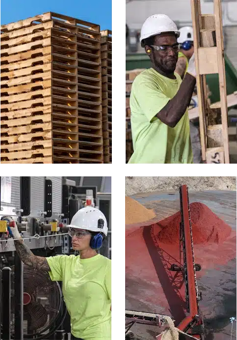 Four different photos in four quadrents showing a stack of new pallets in the upper left, a man with a hard hat carrying an old wooden block pallet in the upper right, a woman operating machinery in the lower left, and then a drone photo of a machine producing red mulch in the lower right.