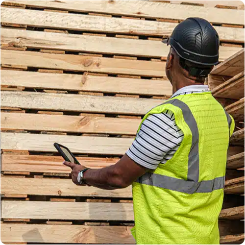 Man wearing PPE looking at a new stack of new wooden pallets while holding a tablet