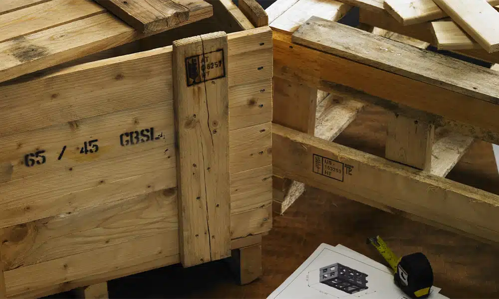 Close up of a wooden crate corner, lumber, measuring tape, and paper