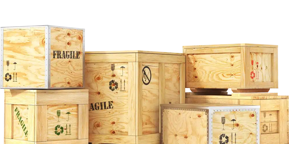 A variety of sized wooden crates stacked on each other