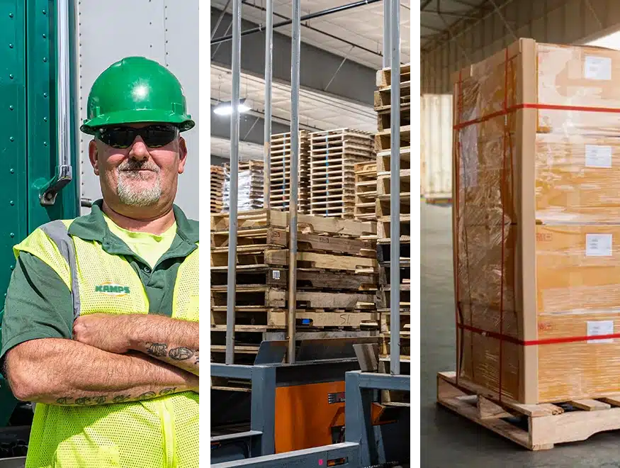 Three images next to one another showcasing a man with a hard-hat on while folding his arms, an automated stacker with used pallets, and a pallet on the ground with cardboard boxes stacked on top of it. 