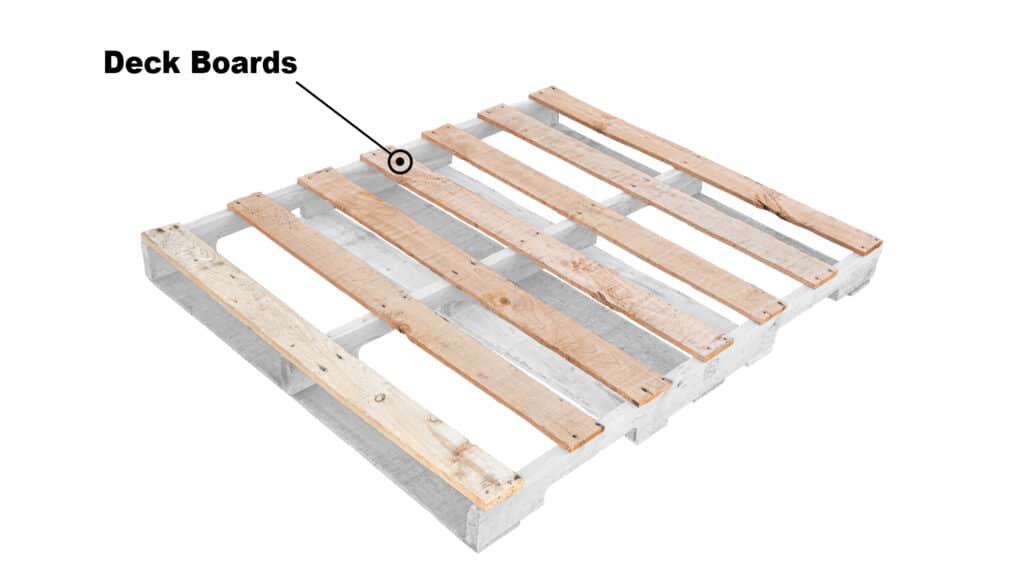 A wooden pallet with the top deck boards shown in full color while all other components are grayed out.